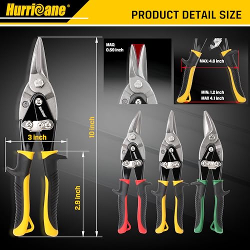 Image of HURRICANE 3 pc Aviation Tin Snips Set, 10 Inch Metal Shears for Straight, Left & Right Curves, Cr-V Steel Blades, Non-Slip TyreGrip Handle, Safety Latch, for Sheet Metal, Gutter, HVAC, DIY