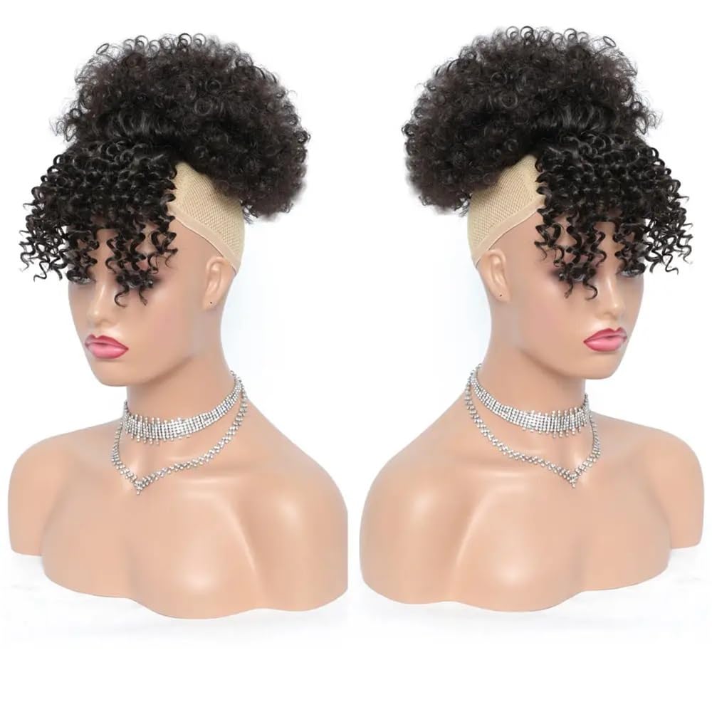 sztuczne włosy kok Syntetyczny krótki, kręcony kucyk ze ściągaczem i grzywką, doczepiany Afro High Puff Hair Bun Hairpiece Akcesoria do włosów(1BTgrey)