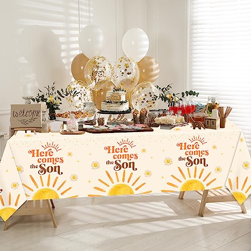 Image of CMUSKO 3Pcs Here Comes The Son Tablecloths-Boho Sun Boy 1st Birthday Party Supplies Retro Sunshine Disposable Plastic Table Covers,Here Comes The Son Baby Shower Decorations