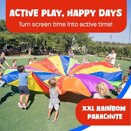 Image of Activejoy - Parachute for Kids - 8ft /12ft / 16ft / 20ft / 24 ft / 30ft - Rainbow Parachute Toy with Handles - Great for Gym Class, Field Day & Outdoor Games