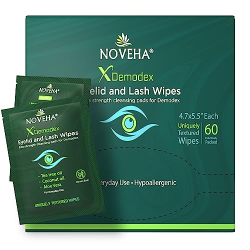 NOVEHA Demodex Eyelid & Lash Wipes | Box Of 60 Individually Wrapped Extra Strength Cleansing Eyelash Wipes – Battle Itchy & Irritated Eyes associated with Demodex Mites, Naturally Remove debris NOVEHA Demodex Eyelid & Lash Wipes | Box Of 60 Individually Wrapped Extra Strength Cleansing Eyelash Wipes – Battle Itchy & Irritated Eyes associated with Demodex Mites, Naturally Remove debris