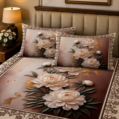 Image of 7D Digital Printed King Size Bedsheet | 240TC Premium Cotton Feel Microfiber with 2 Pillow Covers | Soft Breathable & Wrinkle Free Bedding Set | (Cream, King Size-225x250CM)