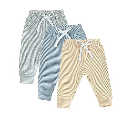 Pivanzore Toddler Baby Boys Girls Sweatpants 3 Pack Solid Color Elastic Waist Bottom Pants Newborn Infant Trousers, Grey+apricot+blue, 6-12 Months