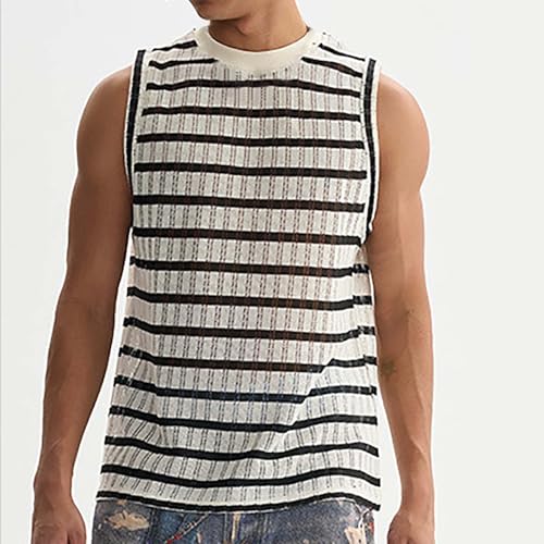 Mens Crochet Sweater Vest Striped Knit Vest Sleeveless Crewneck Blouses Tops Hollow Out Tank Top2