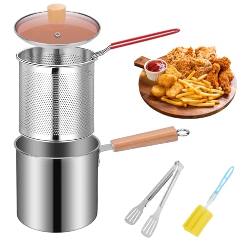 NZZVNZ Pots de Filtre à Huile en Acier Inoxydable 304, 3L Mini Friteuse avec Panier, Couvercle en Verre, Pince et Brosse - Poignée Bois Anti-Brûlure &...