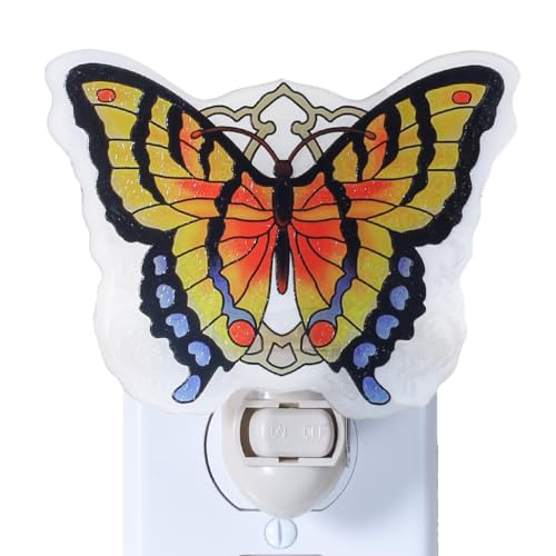 Image of Butterfly Night Light Plug into Wall - Made with Real Glass, Stained Glass Styled Nightlight for Hallway, Nursery, Bedroom, Bathroom, Kitchen, Stairway - Nature Inspired Accent Home Decor-Red Orange
