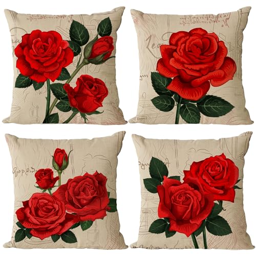 YeeJu Set of 4 Red Rose Pillow Covers 14x14 Vintage Floral Decorative Cushion Cover Plant Flower Throw Pillow Covers for Home Outdoor Sofa Couch Decoraions (14 Inch)