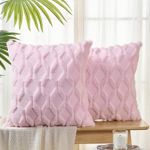 Volcanics Pack of 2 Faux Wool Throw Pillow Covers 20x20 Inches Decorative Farmhouse Velvet Couch Pillow Case Soft Plush Square Boho Cushion Pillowcase, Light Pink