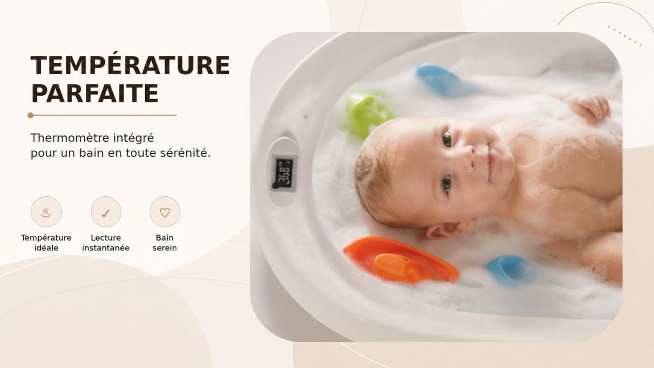 Baignoire Bébé sur Pied Pliable – Support Renforcé en Acier – Thermomètre Intégré – Coussin Ergonomique – Tuyau de Vidange – Pieds Antidérapants – Baignoire Bébé Gain de Place – Bébé Dauphin