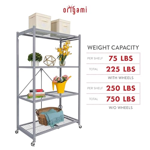 Image of Origami 4-Tier Storage Shelves on Wheels, Steel Shelving Holds 1000 pounds, Heavy Duty Garage Storage & Organization, Closet Organizer, Utility Shelf