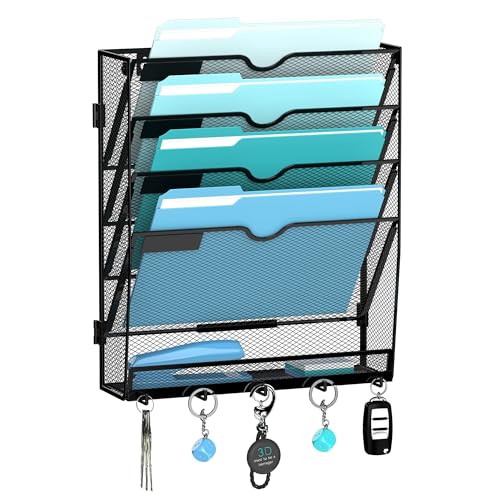 JMHUD Wall File Organizer with 5 Hooks 5 Tier Hanging File Organizer, Vertical Wall Mount Mail Organizer for Papers, Folders, Magazines, Bills, Office&School Organization, Black