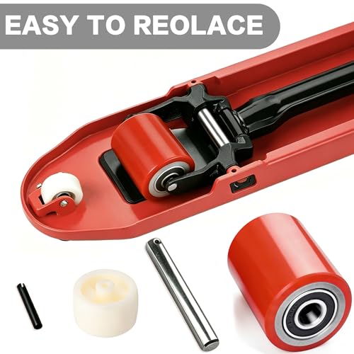 Image of Pallet Jack Load Wheels Replacement Kit with PU Tread Wheel 3 x 3.75 inch,Pre-Installed Bearings ID 20mm,Axles(Length 4.8 inch) and Pins for Manual Hand Lift Truck Rear (1, Red-1 Pair + Roller)