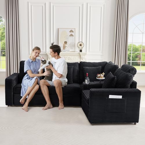 Image of RARZOE Modular Sectional Couch Corner Seat Module, Corduroy Armless Corner Seat for Living Room Modular Sectional Sofa Couch, Black