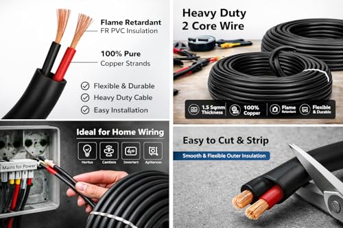 Image of BUNDE 2 Core 1.5 sq mm Copper Flexible Wire | Heavy Duty PVC Insulated Electrical Cable | High Conductivity Multi-Strand Wire for Home Wiring, Inverter, Appliances (30 METERS)
