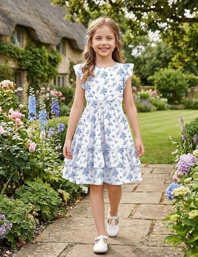 Image of Arshiner Girls Dresses Flutter Sleeve A-Line Sundress Casual Summer Tiered Swing Midi Pocket Dress