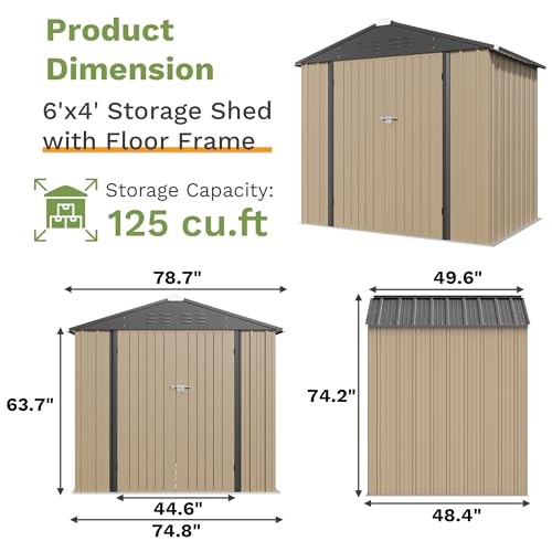Image of Patiowell 6x4 FT Outdoor Storage Shed with Floor Frame, Metal Garden Sheds