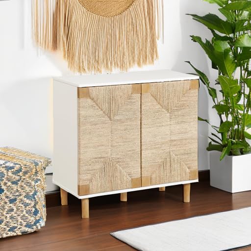 Image of Nathan James Beacon Accent Natural Sideboard Storage Cabinet with Adjustable Interior Shelf and Seagrass Doors, for Hallway, Entryway or Dining Room, Light Brown /White
