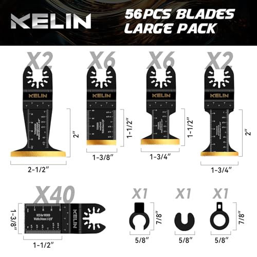 Image of KELIN 56 PCS Oscillating Multi Tool Blades Kit, 4 Types Titanium Saw Blades for Wood, Metal, Drywall, Pipes - Fits Dewalt, Bosch, Milwaukee & 98% Oscillating Tools