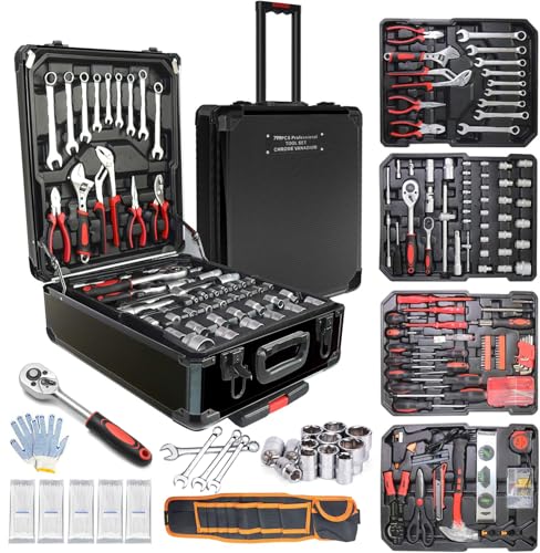 Arcwares 799pcs Aluminum Trolley Case Tool Set Silver, House Repair Kit Set, Household Hand Tool Set, with Tool Belt,Gift on Father's Day (Black)