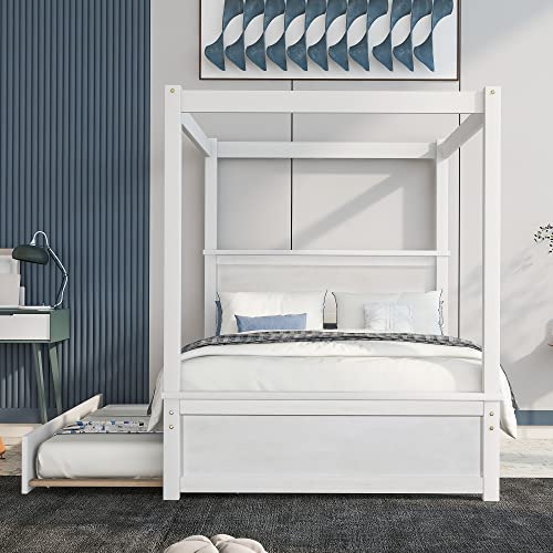 Bellemave Full Canopy Bed with Twin Size Trundle, Wood Full Platform Bed with Headboard and Slat Support, Modern 4 Poster Panel Bed for Kids, Teens, Adults. No Box Spring Needed (Full, Brushed White)