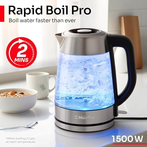 Mueller Rapid Boil Electric Tea Kettle 1.8L – Borosilicate Glass & Stainless Steel – BPA-Free Hot Water Boiler, LED Light, Auto Shut-Off, Boil Dry Protection Fast Water Heater – Kitchen Appliances - Thumbnail 3