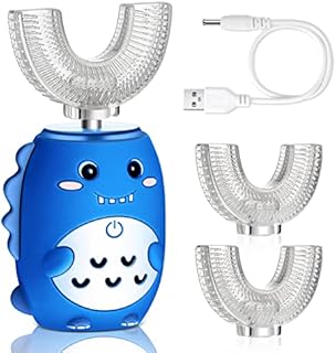 Kids 4inch Electric Toothbrushes U Shaped Ultrasonic Toothbrush Dinosaur Toothbrush Rechargeable Waterproof Toddler Tooth Brush with 2 Brush Heads for Baby 2-12 Years Old, 5 Cleaning Modes (Blue)