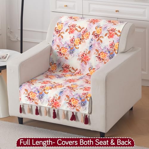 Image of HOKIPO Sofa Cover with Tassel for 1 Seater Sofa | Full Protection for Seat and Back | Printed Holland Velvet Fabric | 'Whispers of Nature' (160x60 cm), Vintage Rose Bloom (IN-1125-D12)
