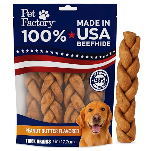 Pet Factory 7in Braided Beefhide Dog Chew Sticks with Peanut Butter Flavor - 100% USA Made Rawhide Chews for Medium Dogs, Long Lasting Dental Health, 7 inches (Pack of 6)