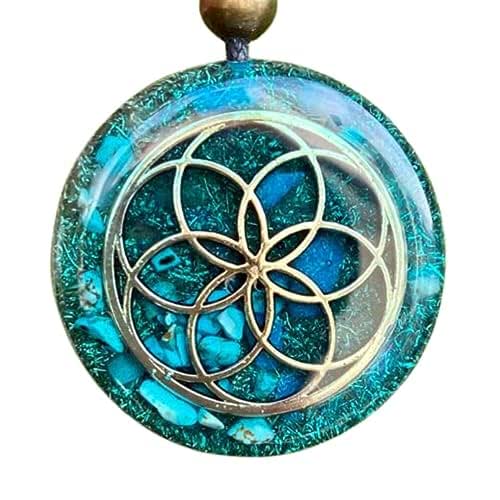 Orgone Necklace Seed of Life Healing Crystals Protection SBB Coil Copper Stone, Orgonite Pendant Turquoise, Moonstone Rose Quartz, Yoga, Reiki, Handmade, Arte Orgones Design