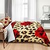 MOVE OVER Leopard Comforter Set California King Red Rose Flower Bedding Set 4 Pieces Cheetah and Rose Flower Printed Design Romantic Comforter Set for Women and Female Leopard Printed Bedding Set #3