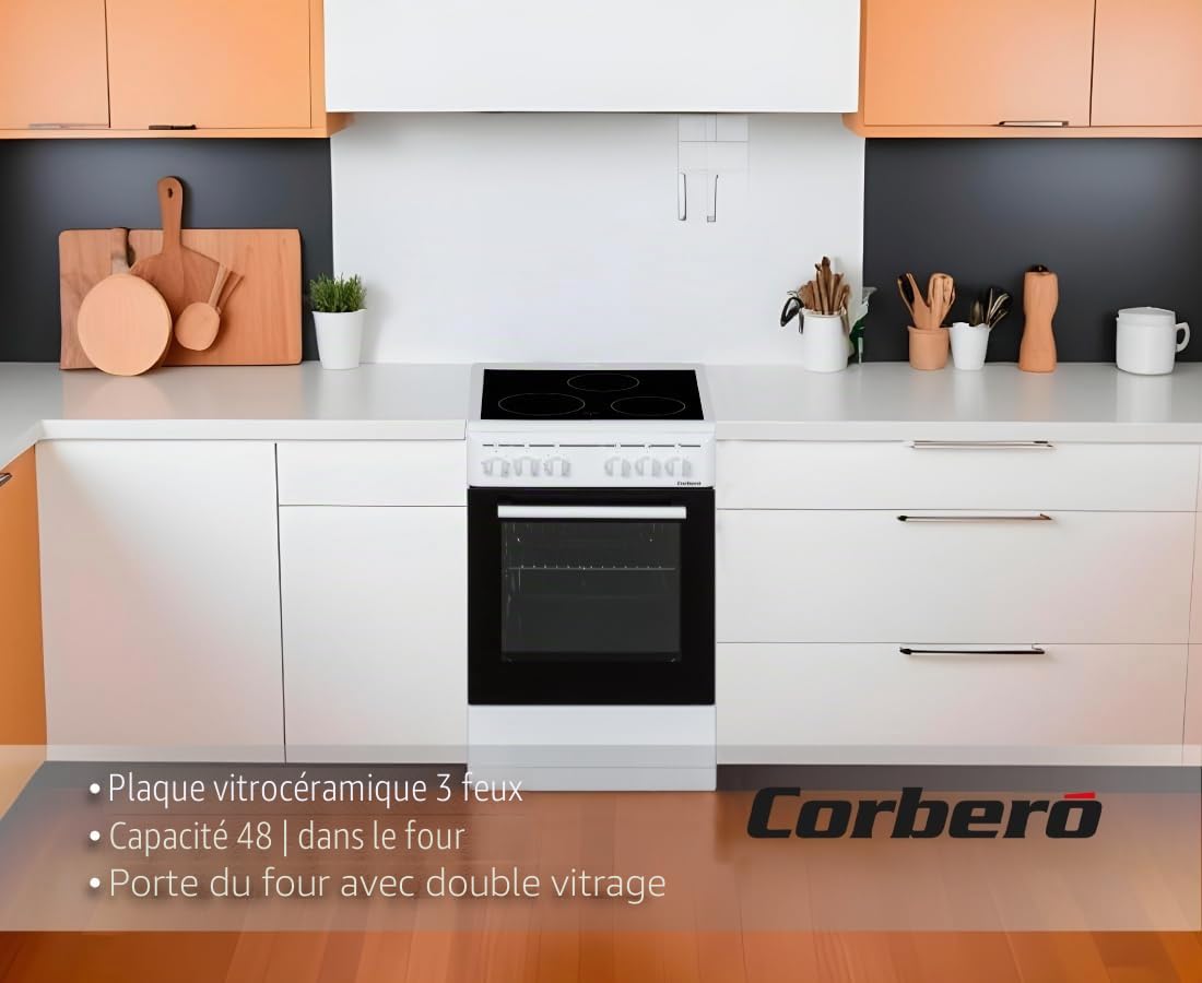 Cuisine Capacité 48L, Four électrique à 4 fonctions, Vitrocéramique 3 feux, porte four double verre, plateau et grille chromée, couleur blanche, arrêt automatique sécurité FFD, A