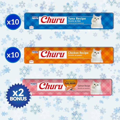 Image of INABA Churu Cat Treats, Lickable, Squeezable Creamy Puree Cat Treat with Vitamin E, 0.5oz Each Tube, 22 Tubes, Holiday Variety Pack