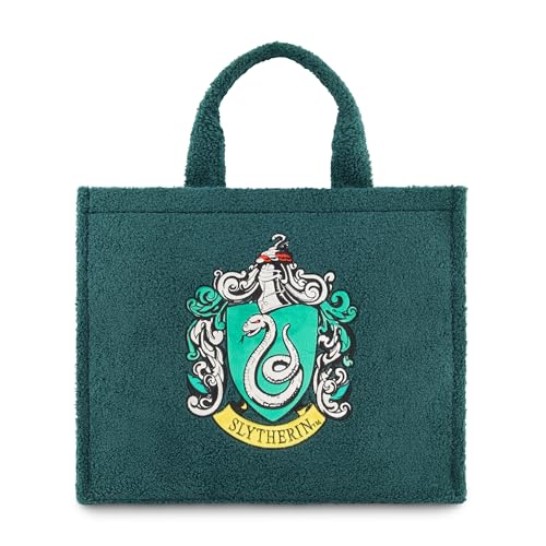 Concept One Harry Potter Tote Bag, Slytherin Crest Faux Fur Travel Handbag with Adjustable Shoulder Strap and Trolley Sleeve, Green