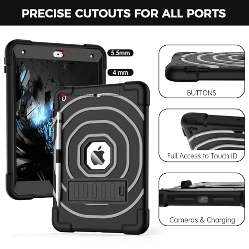SIBEITU Case for iPad 9th 8th 7th Generation 2021 2020 2019(10.2 inch) with Pencil Holder, Shockproof Heavy Duty Military Grade Protective Cover for iPad 10.2" 9/8/7 Gen with Kickstand (Black +Grey)
