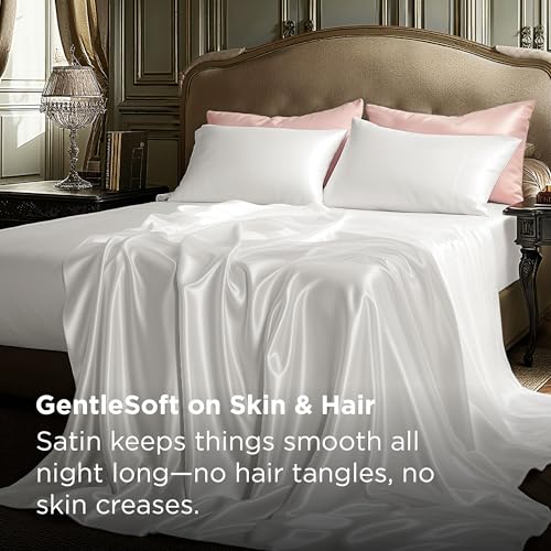Image of Bedsure White Satin Sheets Queen Size, Soft Silky Bedsheet for Hair & Skin | Similar to Silk Bed Sheets Set 4 Piece with 15 Inches Deep Pocket Fitted Sheet,1 Flat Sheet, 2 Satin Pillowcases