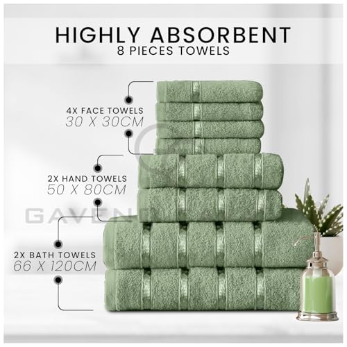 GC GAVENO CAVAILIA 8 Piece Egyptian Cotton Towels - Quick Dry Highly Absorbent Bathroom Towel Bale - (4 Face Towel + 2 Hand Towel + 2 Bath Towel) - Sage Green - Cosy Home Interiors GC GAVENO CAVAILIA 8 Piece Egyptian Cotton Towels - Quick Dry Highly Absorbent Bathroom Towel Bale - (4 Face Towel + 2 Hand Towel + 2 Bath Towel) - Sage Green - Image 2