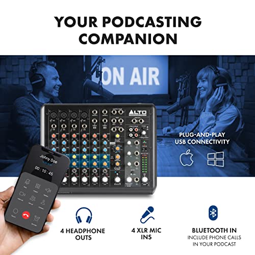 Image of Alto Professional Truemix 800FX Audio DJ Mixer With 4 XLR Mic Ins, USB Audio Interface And Bluetooth For Podcasting, Live Performance, Recording, Dj, Mac And PC, Black