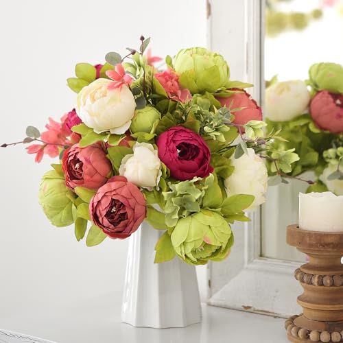 Image of FiveSeasonStuff Country Barn Red Peony Bouquets, 2 Bundles Artificial Silk Flowers with Hydrangeas for Wedding Centerpieces & Home Decor
