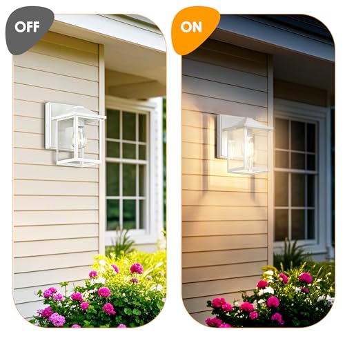 Image of MATAMEYE Outdoor Wall Light Fixture, Exterior Waterproof Porch Lighting | White Patio Wall Lantern, Anti-Rust, Clear Glass, E26 Socket, Wall Mount Sconce Lighting, Outside Front Door Light Entryway