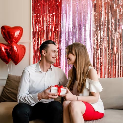 Image of TONIFUL Valentine's Day Door Streamers,Red Pink and Rose Gold Photo Booth Backdrop Metallic Streamers Foil Fringe Curtain for Birthday Valentine's Day Bridal Shower Engagement Party Decoration