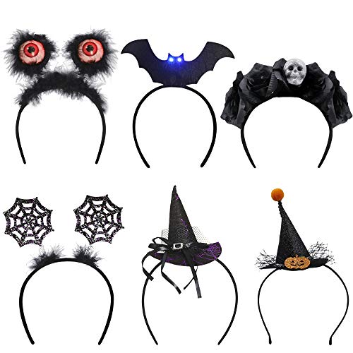 Brwoynn 6 Pack Halloween Headbands, Witch Hat Headbands, Eyeball Boppers LED Flashing Eyes Headbands, Spider Web Headbands, Rose Floral Crown Skull Headbands, Halloween Costume Cosplay Party Headbands