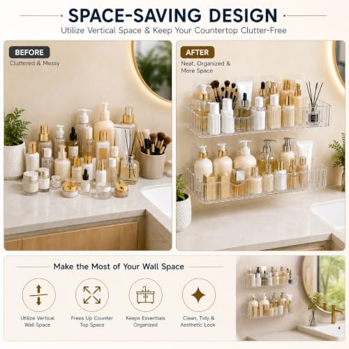 Image of Bathroom Organiser Shelf Suction Use Installation Transparent Pack of 2pcs