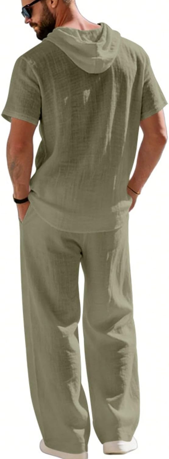 Mens Linen Suit 2 Pieces Cotton Linen Set Casual Long Sleeve Henley Shirts Beach Yoga Pants Summer Vacation Outfits