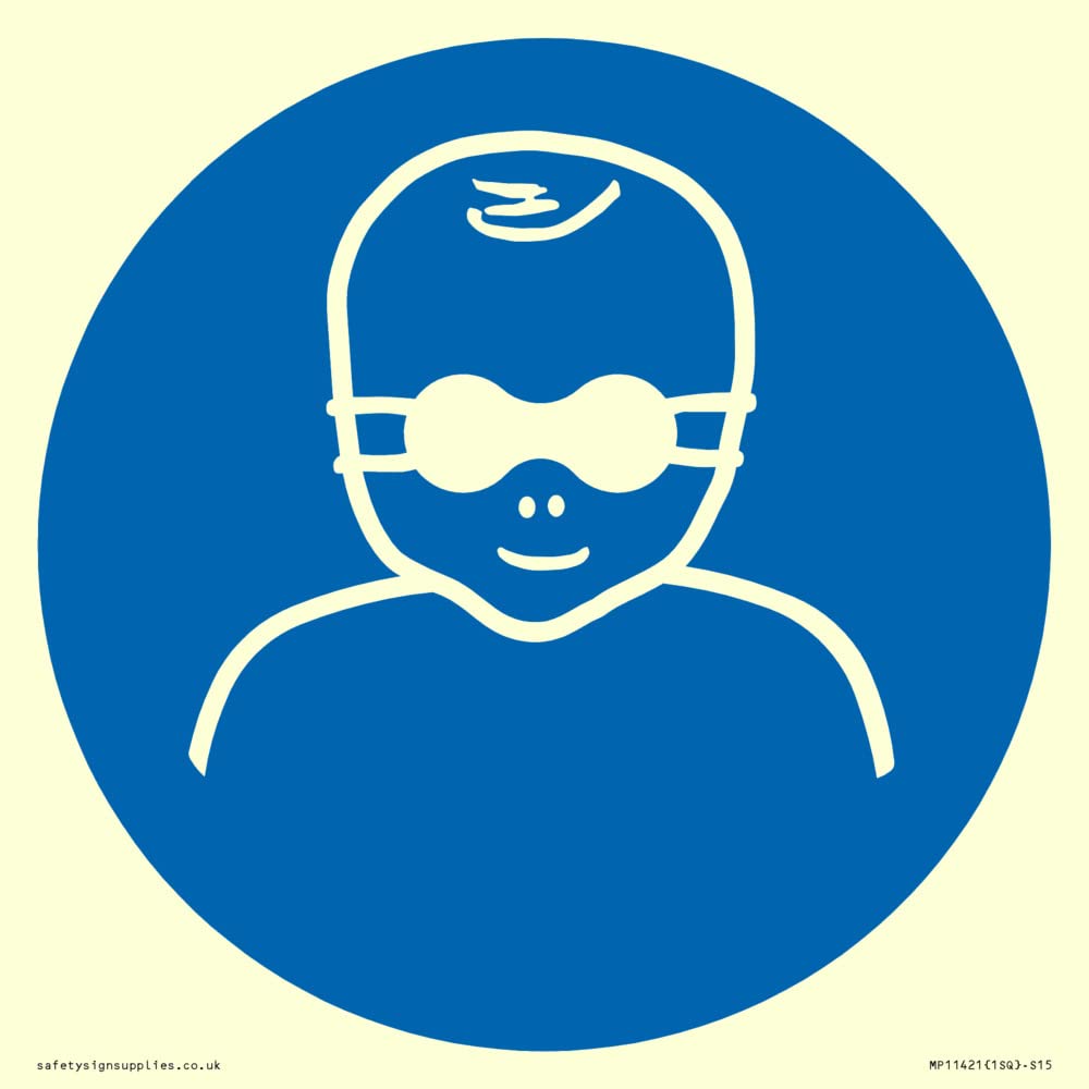 Mandatory: Protect infants eyes with opaque eye protection Sign - 150x150mm - S15, Blue/White