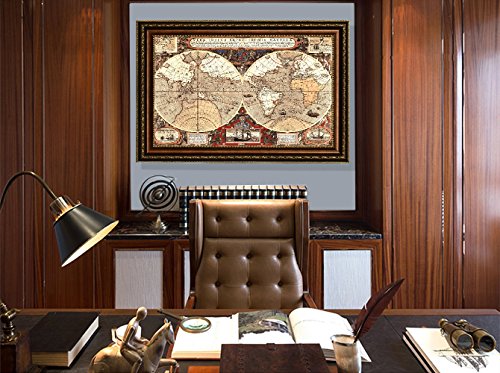 Eliteart-Old Vintage World Map Oil Painting Reproduction Giclee Wall Art Canvas Prints-Framed Size:38" X 28" #TOP1