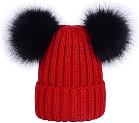 LAUSONS Women's Warm Winter Ribbed Knit Faux Fur Bobble Hat Double Pom Pom Beanie