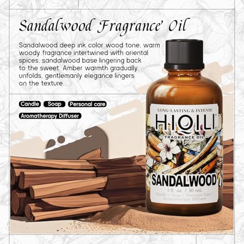 Image of HIQILI Sandalwood Fragrance Oil for Skin Care, DIY Body Product - 1 Fl Oz | Long Lasting Luxury Hotel Scent for Home Diffuser, Perfect for Candle & Soap Making, Pet Safe, Graduated Dropper Included