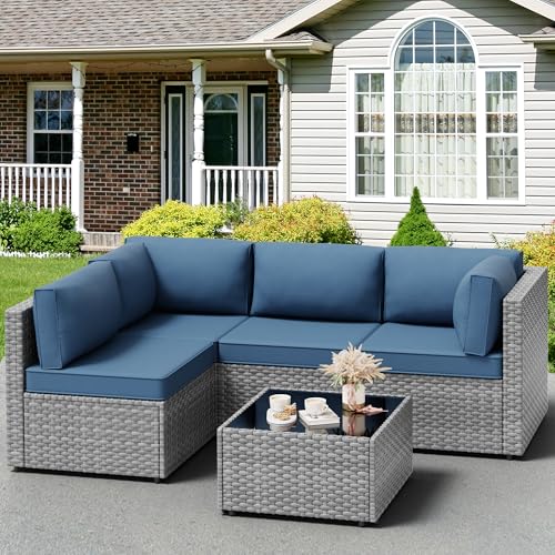 Image of Vongrasig 5 Pieces Patio Furniture Set with Cushion, Glass Table, Navy Blue