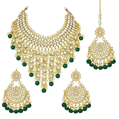 Image of Peora Kundan & Beads Studded Necklace Earrings & Maangtikka Set Ethnic Jewellery for Women & Girls