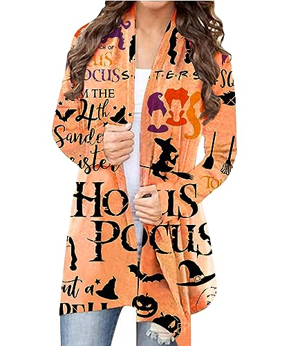 FASHGL Halloween Cardigan for Women Pumpkin Face Print Tunic Shirt Spooky Season Lightweight Long Sleeve Cardigans